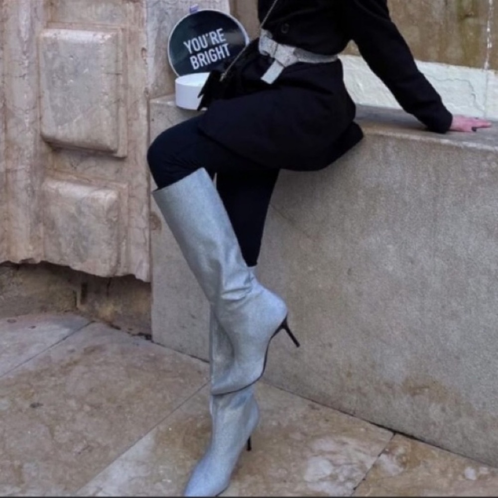 Zara Silver Rhinestone Heeled Knee High Boots Heels